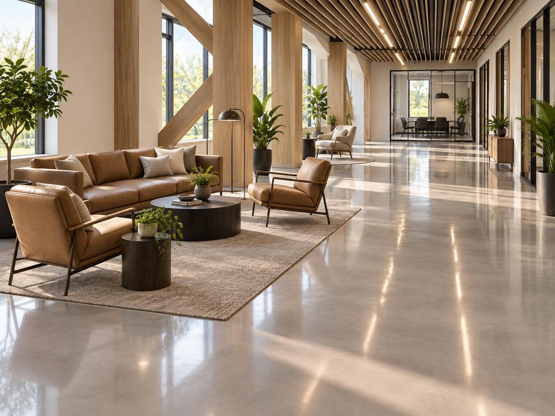 Polished concrete floor in a furnished office lounge
