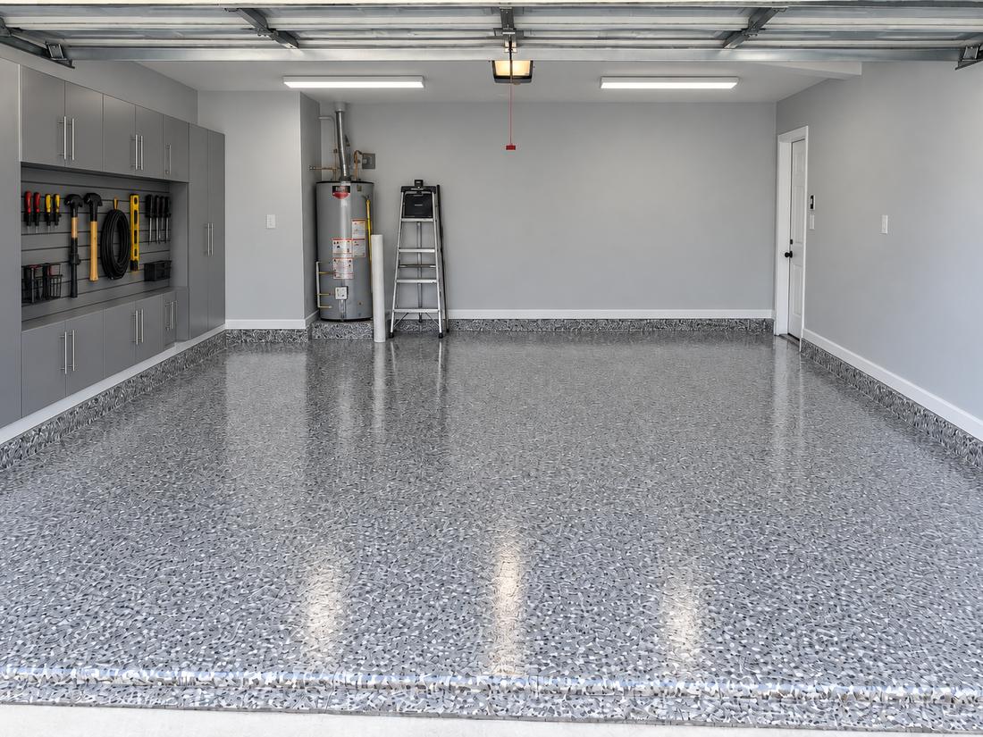 Two-car garage with a grey flake polyaspartic floor