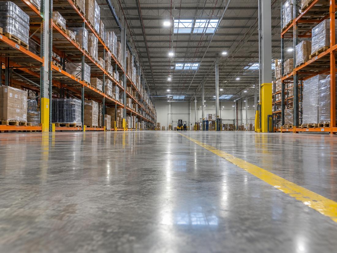 Warehouse with racking on a polished concrete floor