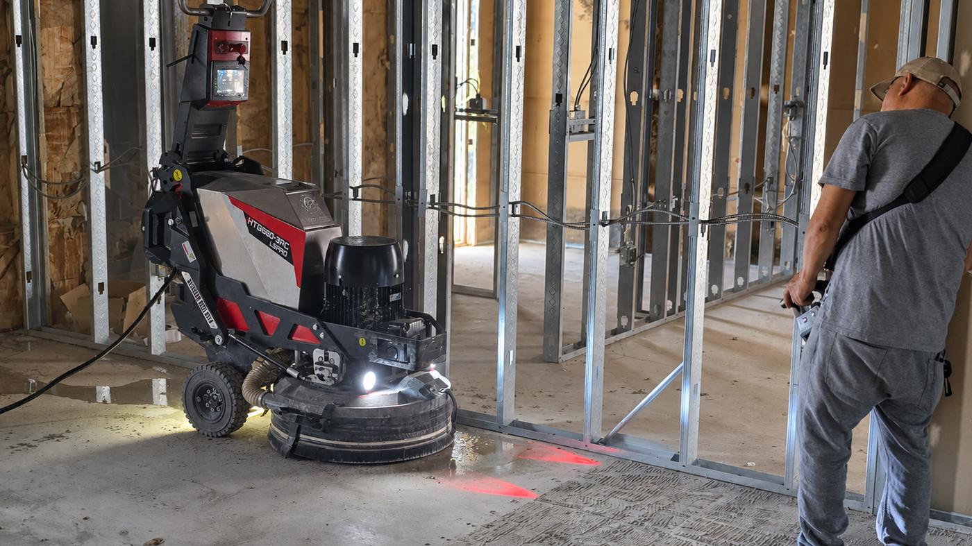 Operator guiding a remote-controlled planetary grinder inside a framed commercial space