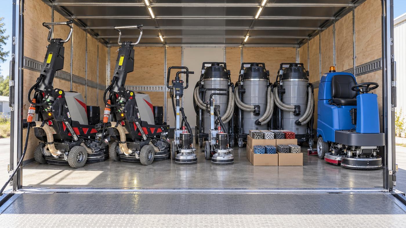 GrindForce equipment lined up in the shop: planetary grinders, edge grinders, HEPA extractors and a ride-on scrubber