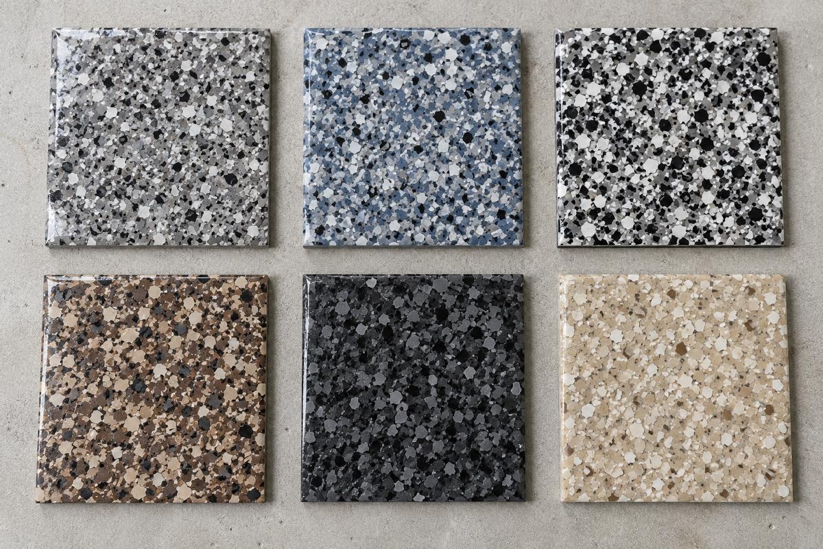 Six flake epoxy sample chips on a polished concrete floor