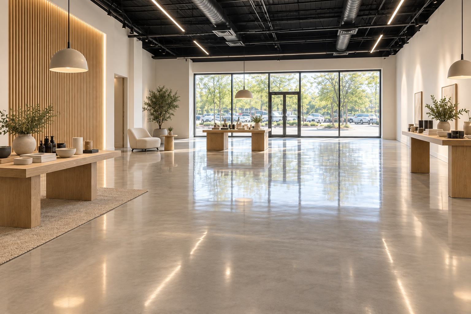 Polished concrete floor after grinding and polishing