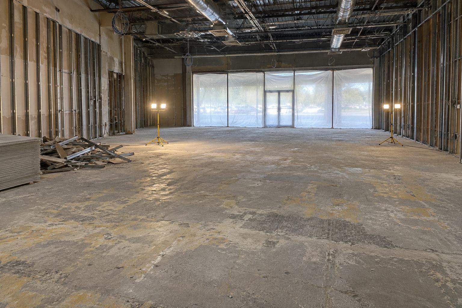 Raw concrete slab being ground with a planetary grinder