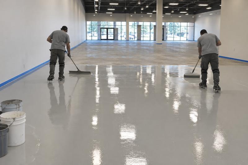 Technicians spreading an epoxy body coat across a retail floor